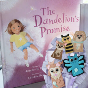 The Dandelion’s Playtime bundle featuring a hardcover children’s book and five handmade felt finger puppets representing characters from the story.