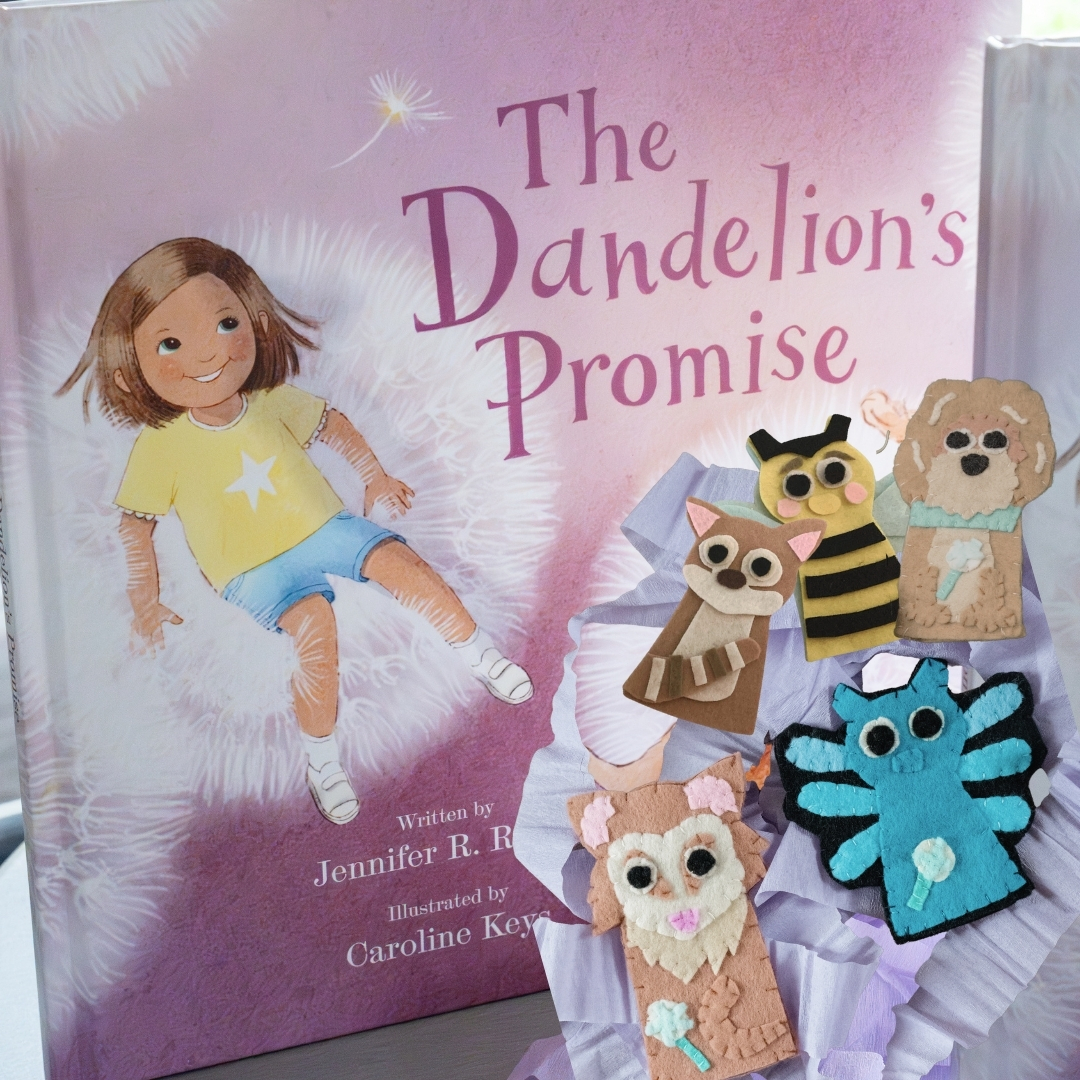 The Dandelion’s Playtime bundle featuring a hardcover children’s book and five handmade felt finger puppets representing characters from the story.