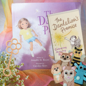 The Dandelion’s Promise Ultimate Pack including a hardcover children’s book, downloadable colouring book, five felt finger puppets of story characters, and a wooden eco wand for imaginative and mindful play.