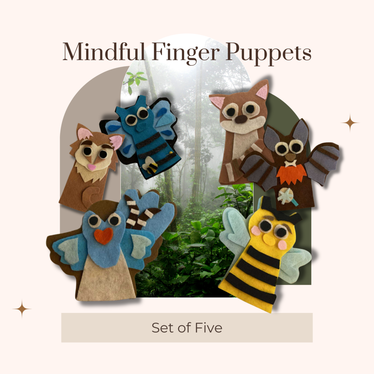 Set of five handmade felt mindful finger puppets inspired by story characters, designed for sensory play, emotional learning, and imaginative storytelling.