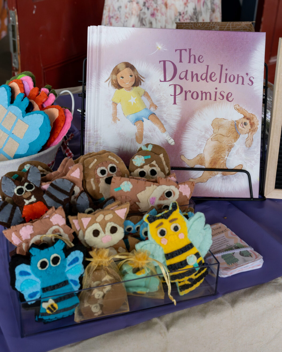 Handmade felt finger puppets featuring characters from The Dandelion’s Promise, crafted by a local craftswoman for storytelling and mindful play
